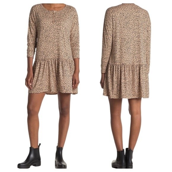 Lush long sleeve leopard animal print drop waist dress size large - Picture 1 of 8